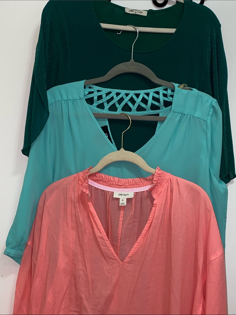 3 pcs bundle. ON·34+ Coral Pink V-Neck Blouse with Teal & Emerald Layered Tops